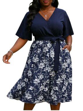 Bloomchic Size 10 Dress V-Neck Floral Ruffle Sleeve Midi Patchwork Pockets Belt